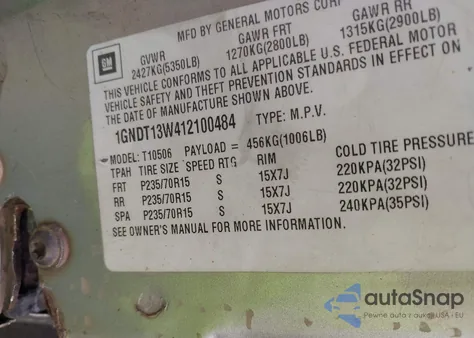 2001 Chevrolet Blazer Lt из США, поврежденный, VIN 1GNDT13W412100484